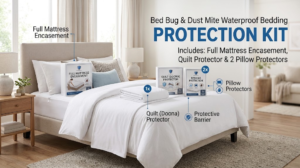 Bed Bug And Dust Mite Waterproof Bedding Protection Kit Featuring A Mattress Encasement, Waterproof Doona Protector, And Waterproof Pillow Protectors With Clean White Bedding.