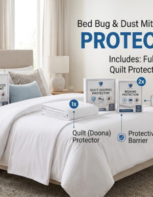 Bed Bug and Dust Mite Waterproof Bedding Protection Kit featuring a mattress encasement, waterproof doona protector, and waterproof pillow protectors with clean white bedding.