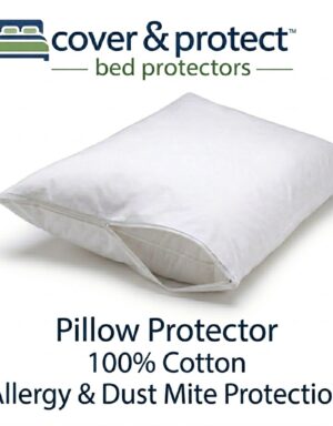 White zippered pillow protector casing 100% cotton allergy and dust mite protection.
