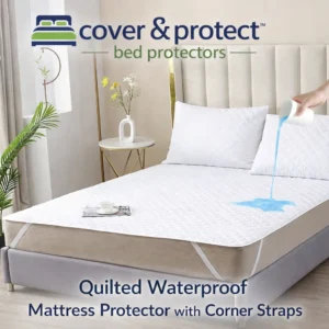 Quilted Waterproof Mattress Protector With Corner Straps Shown On A Bed With A Water Resistance Demonstration.