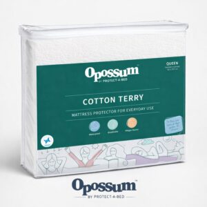 Opossum by Protect-A-Bed Cotton Terry Mattress Protector in retail packaging, highlighting waterproof, breathable, and allergen barrier features.