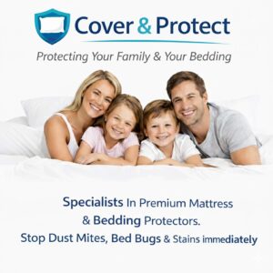 Cover &Amp; Protect Premium Mattress And Bedding Protectors Protecting A Happy Smiling Family In Bed From Dust Mites, Bed Bugs, And Stains.