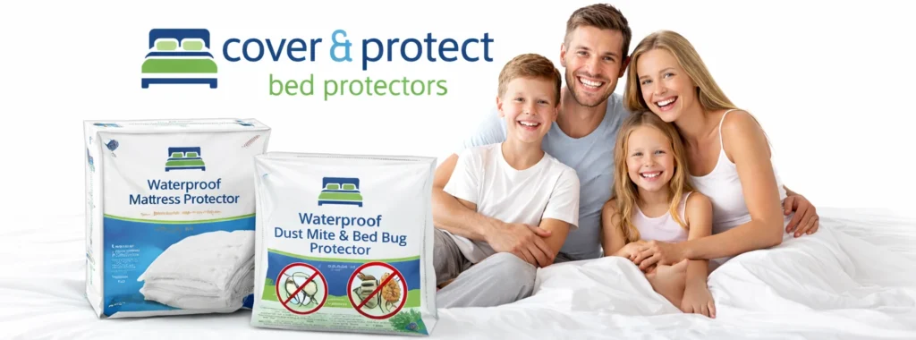 Cover And Protect Homepage Waterproof Mattress Protector And Dust Mite Bed Bug Protector Packaging With Happy Family On White Bedding
