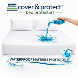 Cover & Protect Waterproof Mattress Protector showing blue liquid splash on white mattress with bed logo