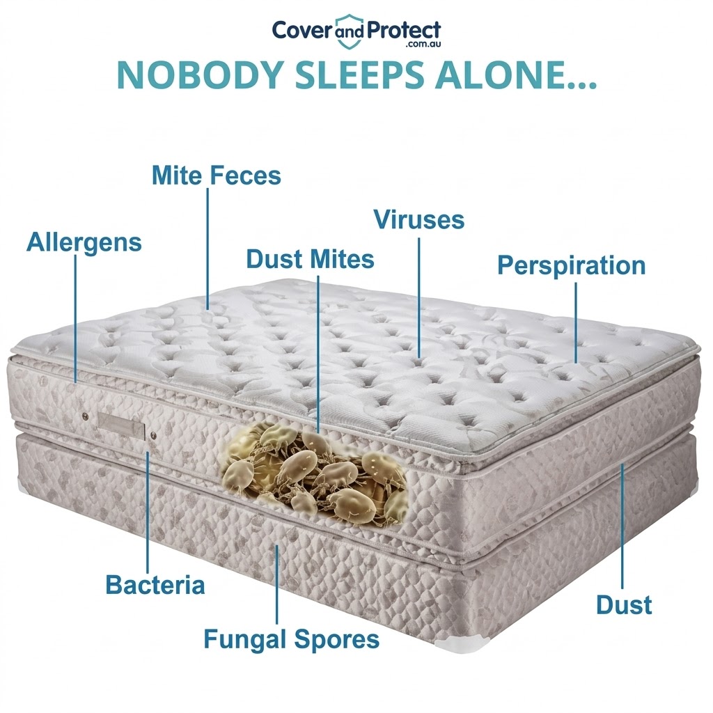 Infographic Of A Mattress Showing Dust Mites, Bacteria, And Allergens With Cover And Protect Logo.