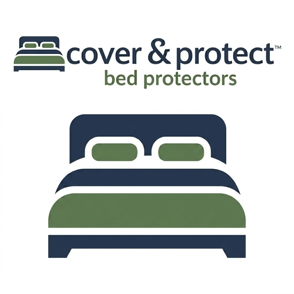 Cover &Amp; Protect Brand Logo And Bed Protector Icon In Navy Blue And Olive Green