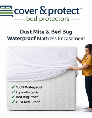 A woman fitting a Cover & Protect 100% waterproof mattress encasement, designed for total bed bug protection and dust mite control in Australian homes.