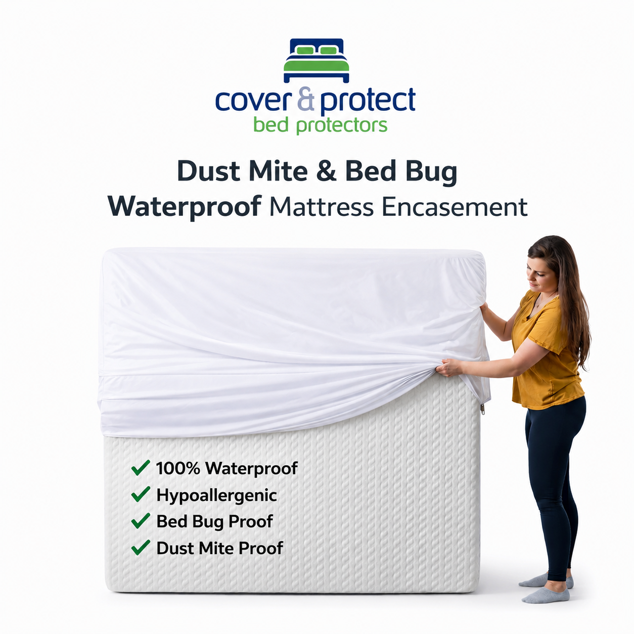 Cover &Amp; Protect Dust Mite And Bed Bug Waterproof Mattress Encasement Being Pulled Over A Mattress.