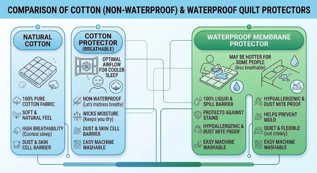 Infographic Comparing Non-Waterproof Cotton Quilt Protectors Versus Waterproof Membrane Protectors. It Highlights Features Like Breathability, Airflow, Liquid Barrier Capabilities, And Comfort Differences.