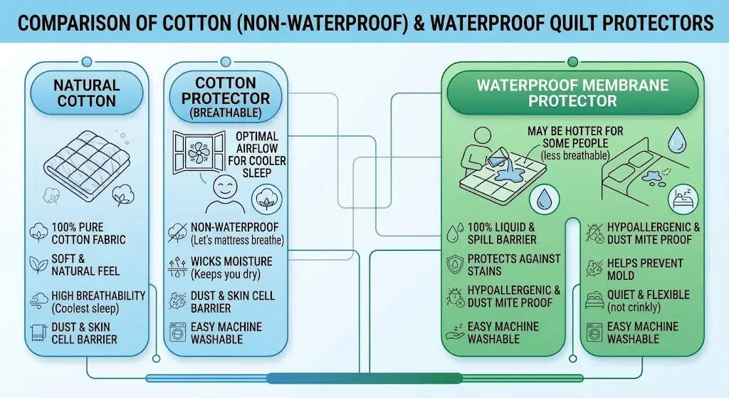 Infographic Comparing Non-Waterproof Cotton Quilt Protectors Versus Waterproof Membrane Protectors. It Highlights Features Like Breathability, Airflow, Liquid Barrier Capabilities, And Comfort Differences.
