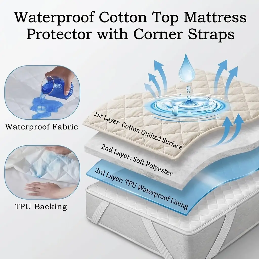 Premium Cotton Waterproof Mattress Protector With Corner Straps 10 waterproof quilted mattress protector exploded view An Exploded-View Diagram Showing The Three Layers Of A Quilted Mattress Protector.