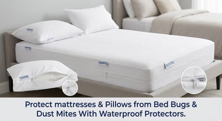 Protect-A-Bed White Waterproof Mattress Encasement And Two Pillow Protectors Showing Zippered Seals For Bed Bug And Dust Mite Protection.