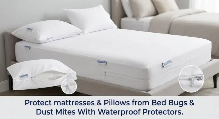 Protect-A-Bed White Waterproof Mattress Encasement And Two Pillow Protectors Showing Zippered Seals For Bed Bug And Dust Mite Protection.